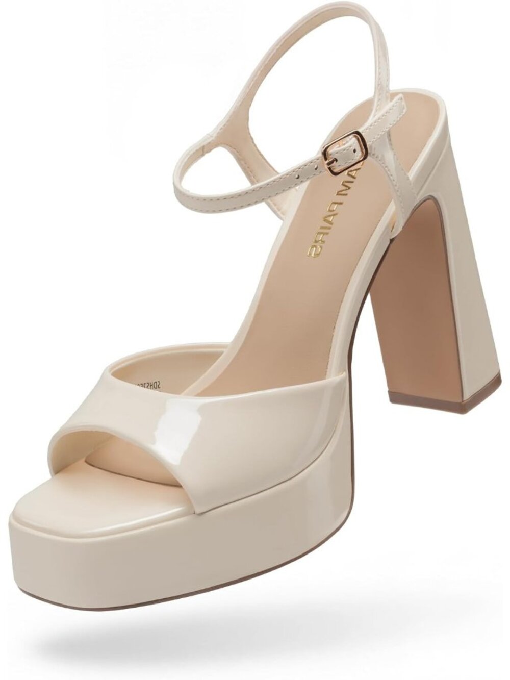 Women's Beige Faux Leather Square Toe Chunky Ankle Strap Block Heel Sandals